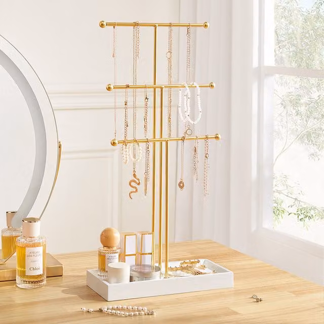 Livingandhome Freestanding 3-Tier Metal Jewelry Display Stand with Shelf, White