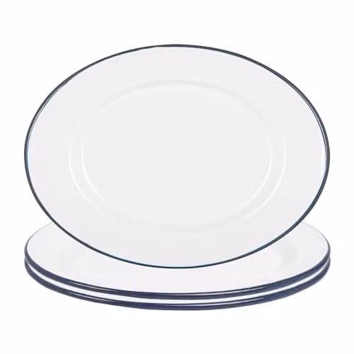 Argon Tableware White Enamel Serving Platters with Blue Rims, Pack of 3, W: 30.5 cm, D: 22.5 cm