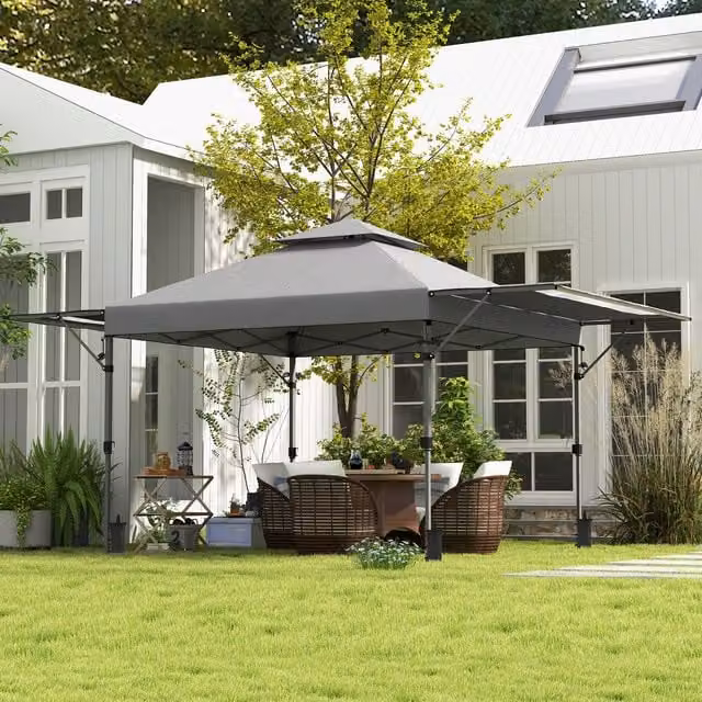 Outsunny Grey Pop Up Canopy Tent with Extend Dual Awning, W: 300 cm x D: 300 cm x H: 300 cm