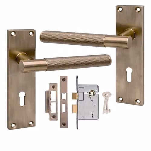 Golden Grace Victorian T-Bar Lock Door Handle Set in Antique Brass