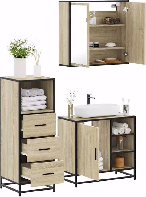 Berkfield Home 3 Piece Industrial Bathroom Furniture Set in Sonoma Oak Brown – 1