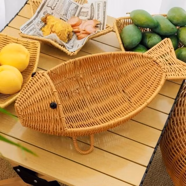 KORVIXA Brown Fish Shape Hand Woven Rattan Fruit Basket, Width: 50 cm
