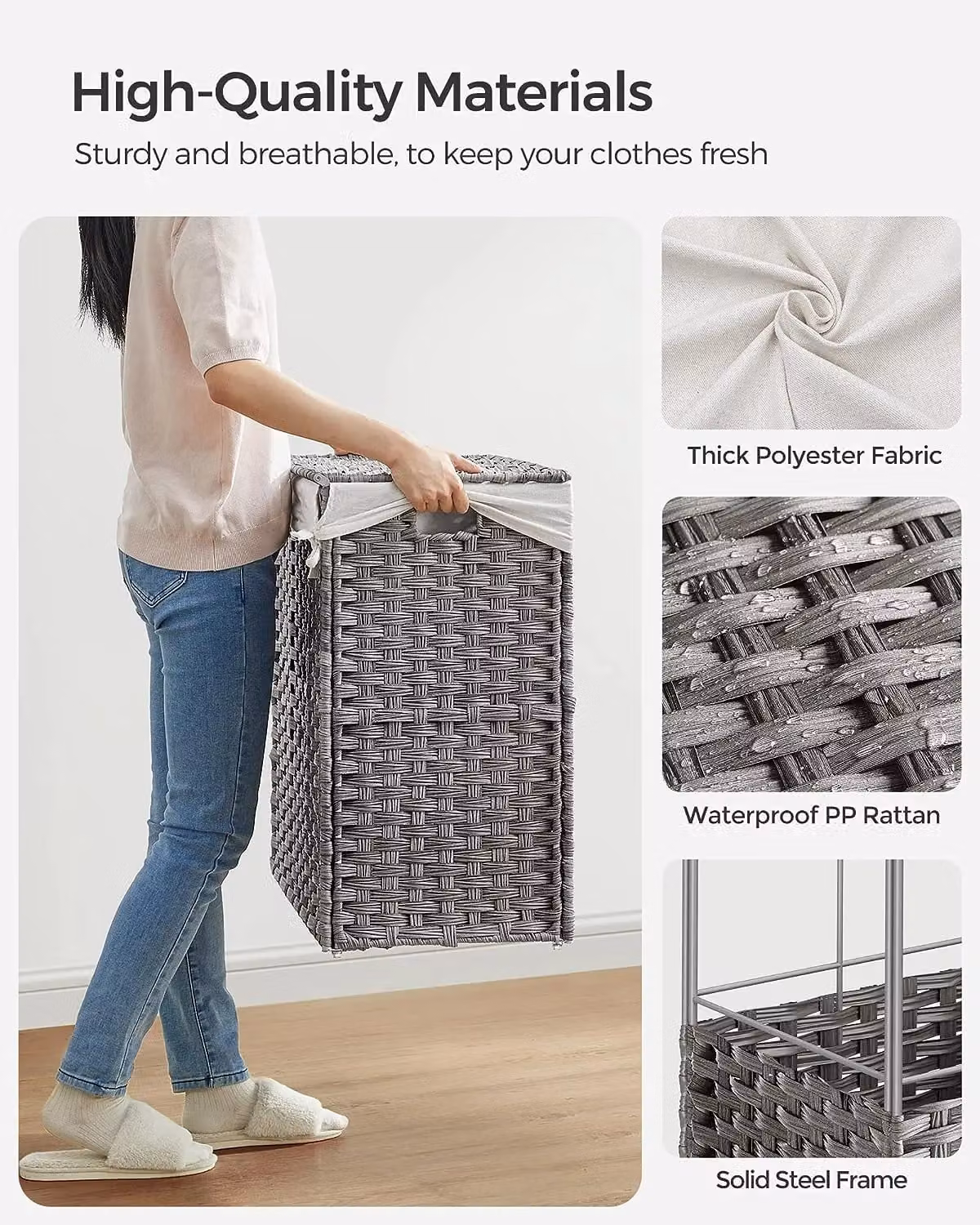 SONGMICS Woven Laundry Basket with Wheels, 3 Compartments and Removable Bag, Grey, H 66 x W 120 x D 42.1 cm – 5