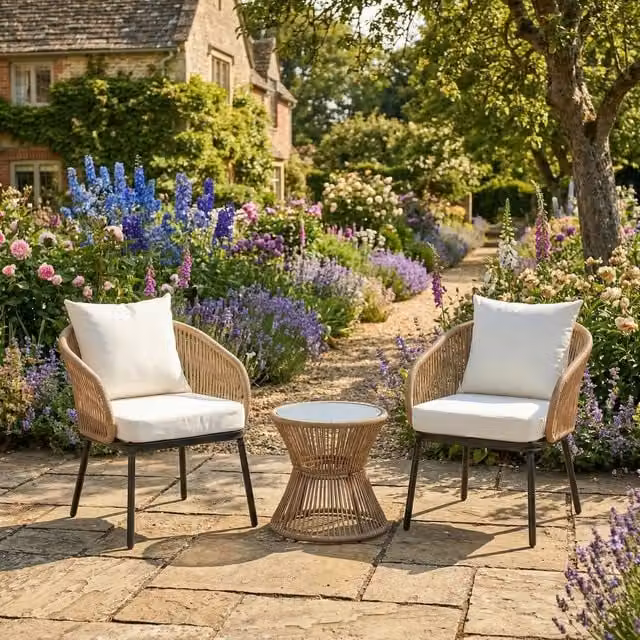 Rosewood & Stone Home Sissinghurst 3 Piece Beige Sheesham Wood and Stone Patio Set – 1