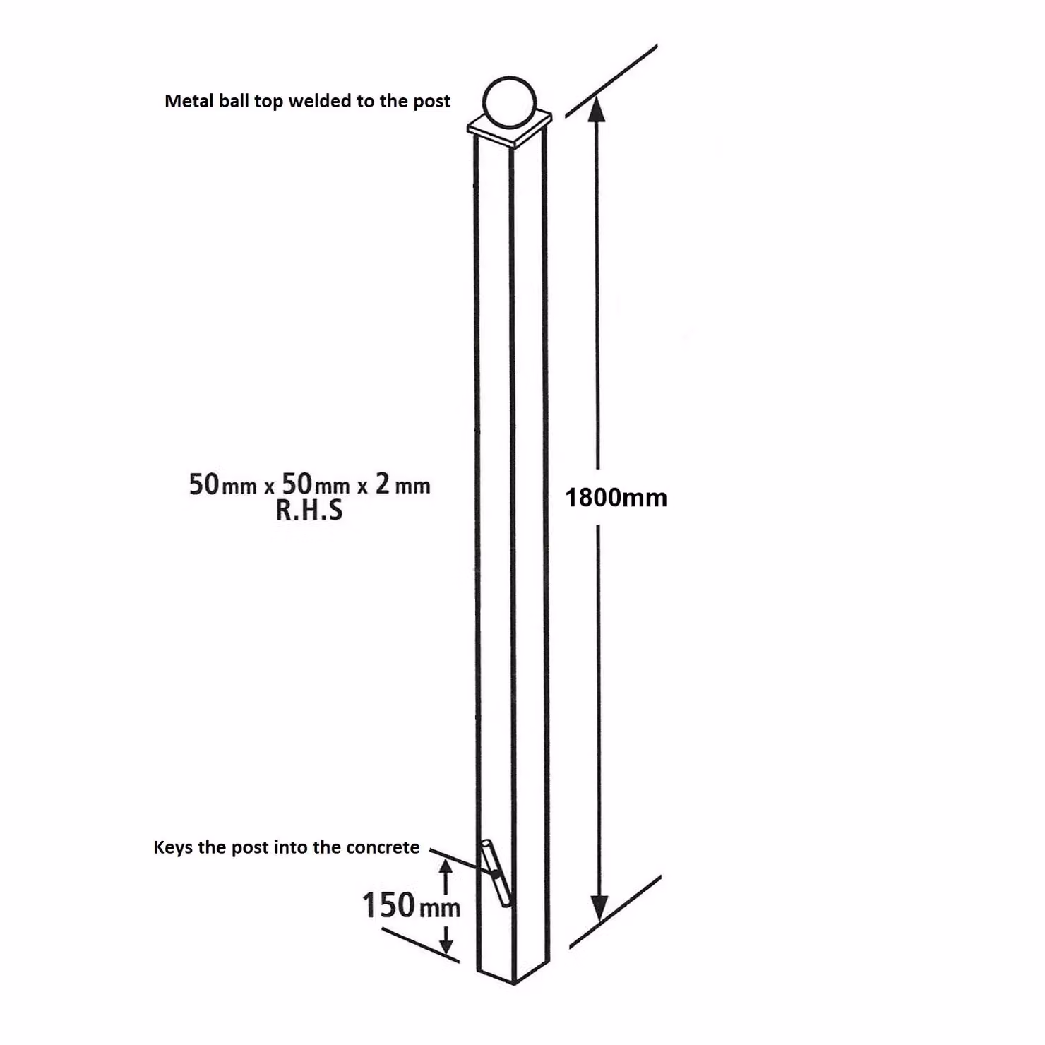 Burbage Iron Craft Square Ball Top Concrete-In Blank Post in Black, H 180 cm x W 5 cm x D 5 cm – 2