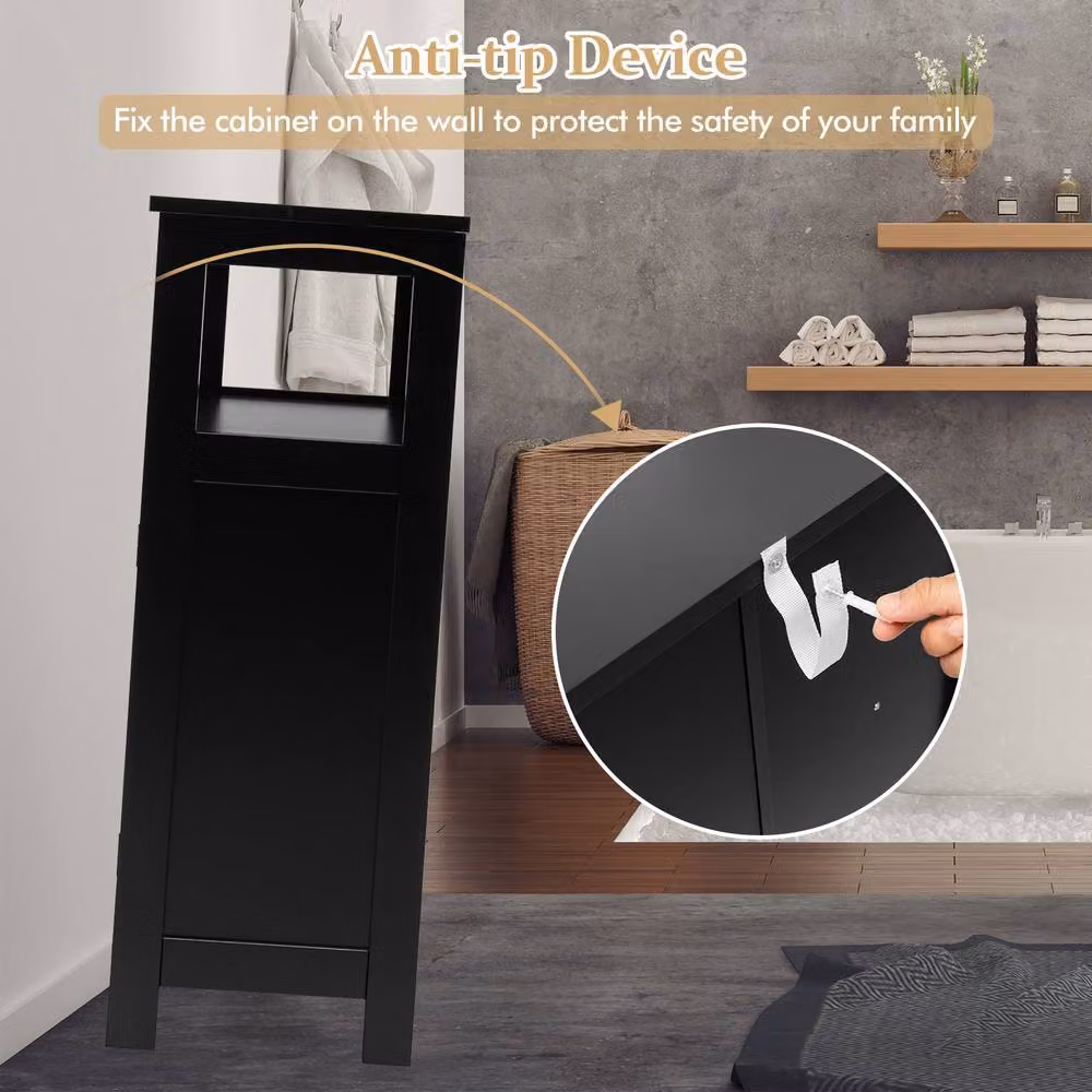 Costway Modern Black Wooden Bathroom Floor Cabinet with Adjustable Internal Shelves and Open Storage Shelf – 7
