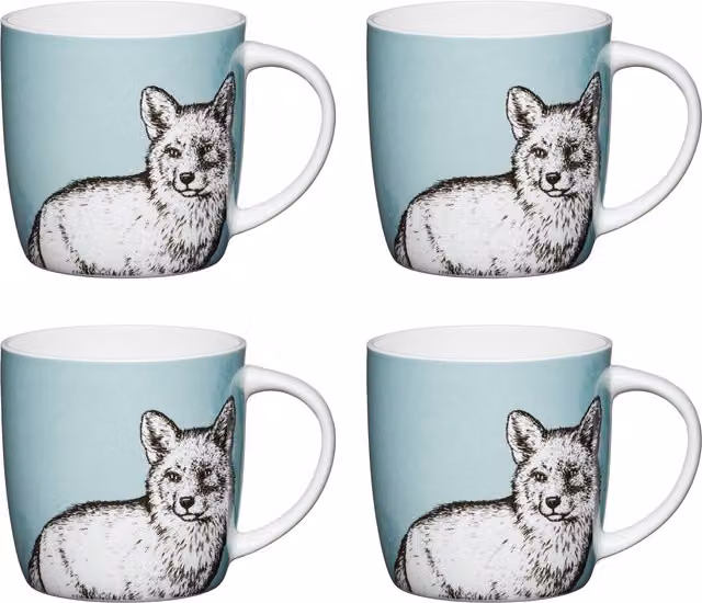 KitchenCraft Set of 4 Ceramic Fox Mugs in Multicolour Green and Blue