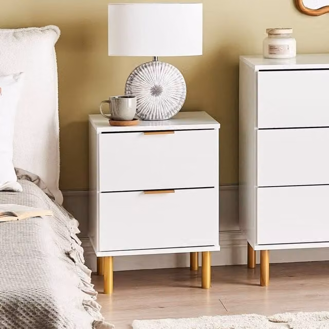 Wyld and Coco 2-Drawer Bedside Table in White with Gold Handles – 1