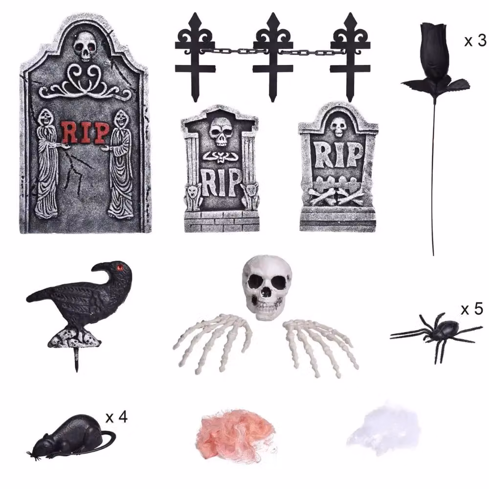 Garden Greatness 26pc Halloween Tombstone and Graveyard Accessory Set in Black and Red – 2