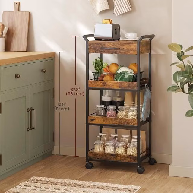 VASAGLE 4-Tier Rolling Storage Trolley Cart with Mesh Drawers and Lockable Castors in Brown – 1