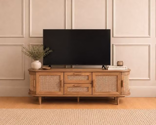 Elm Home And Garden Mid-Century Solid Mango Wood TV Media Stand with Rattan Doors and Drawers in Brown