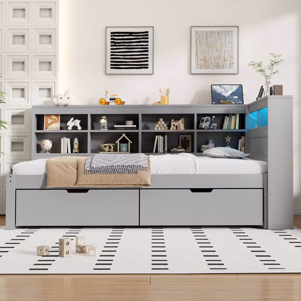 ModernLuxe Single Daybed in Grey with Storage Drawers, LED Lighting and USB Charging Port – 2