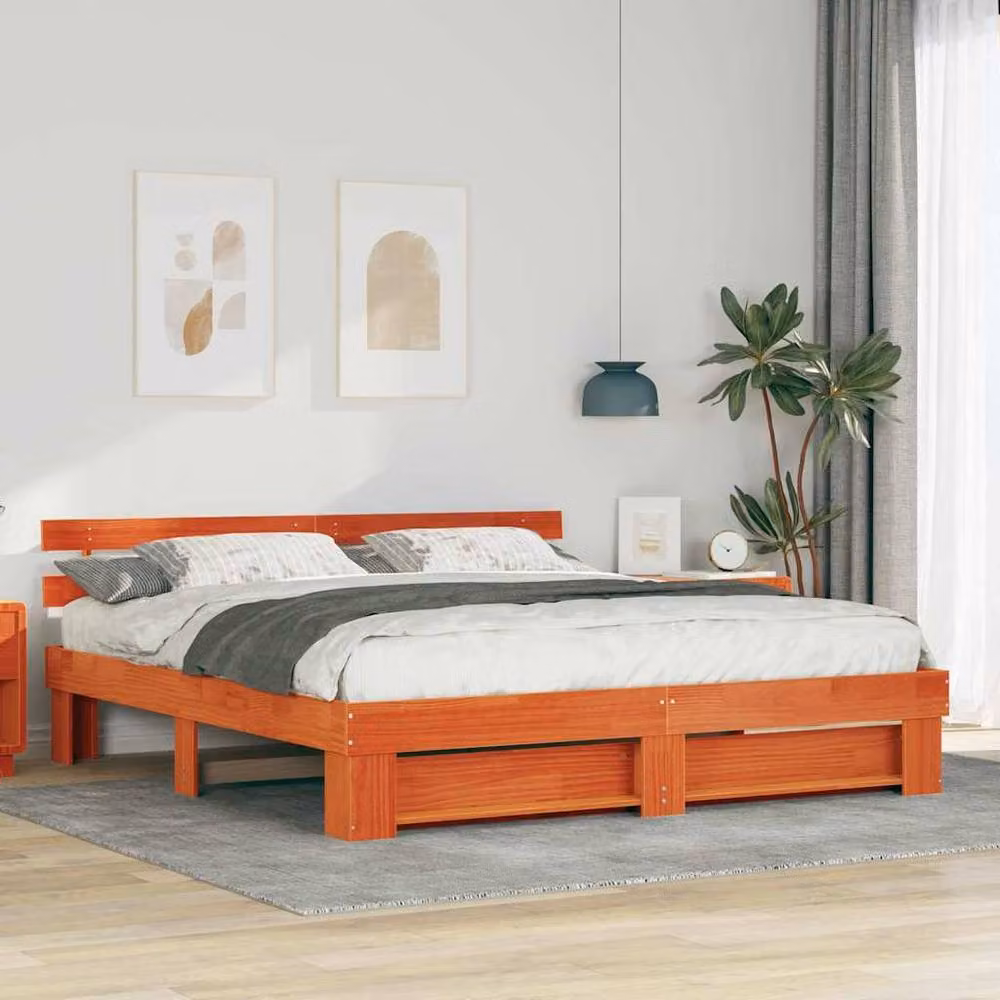 Berkfield Home Solid Pine Wood Bed with Headboard in Brown 200 x 200 cm – 2
