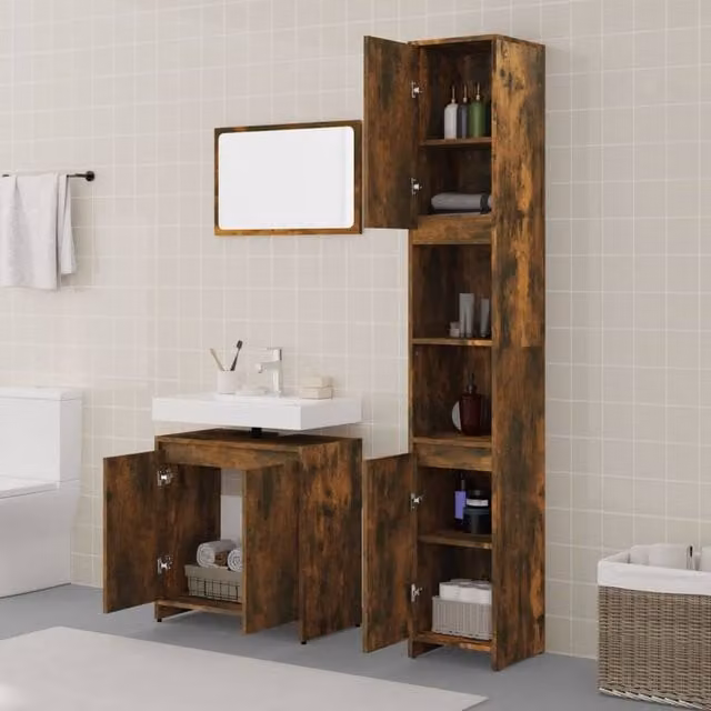 Berkfield Home 3 Piece Bathroom Furniture Set in Smoked Oak Brown, including Mirror Cabinet, Tall Cabinet and Vanity Unit