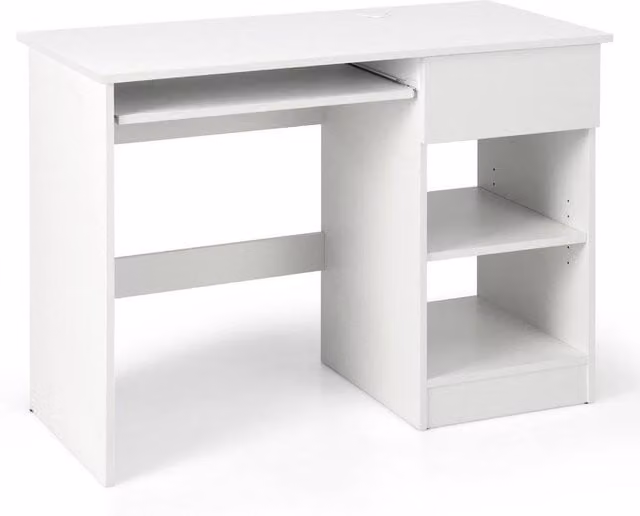 VOGREX Modern White Computer Desk with Keyboard Tray and Drawer