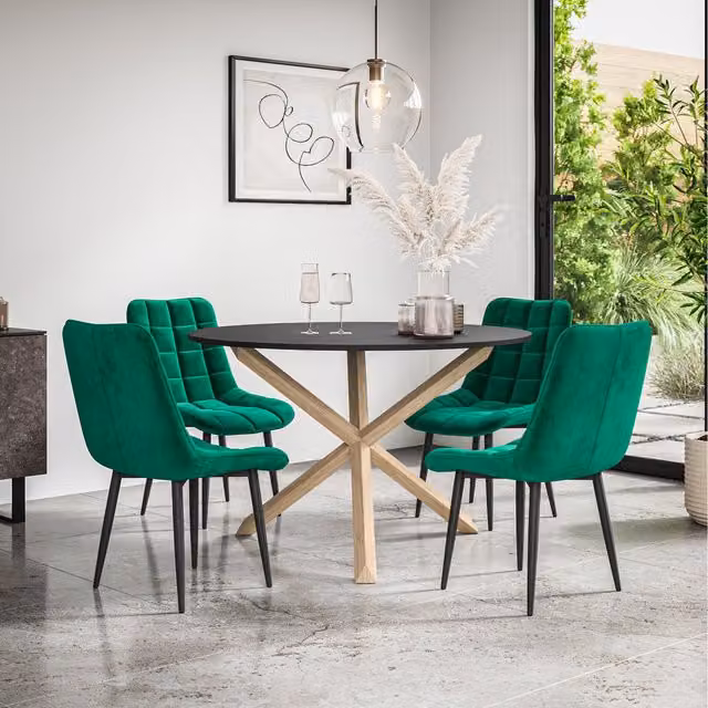More4Homes Malvern Round Black Dining Table with Oak Legs and 4 Green Nova Velvet Chairs