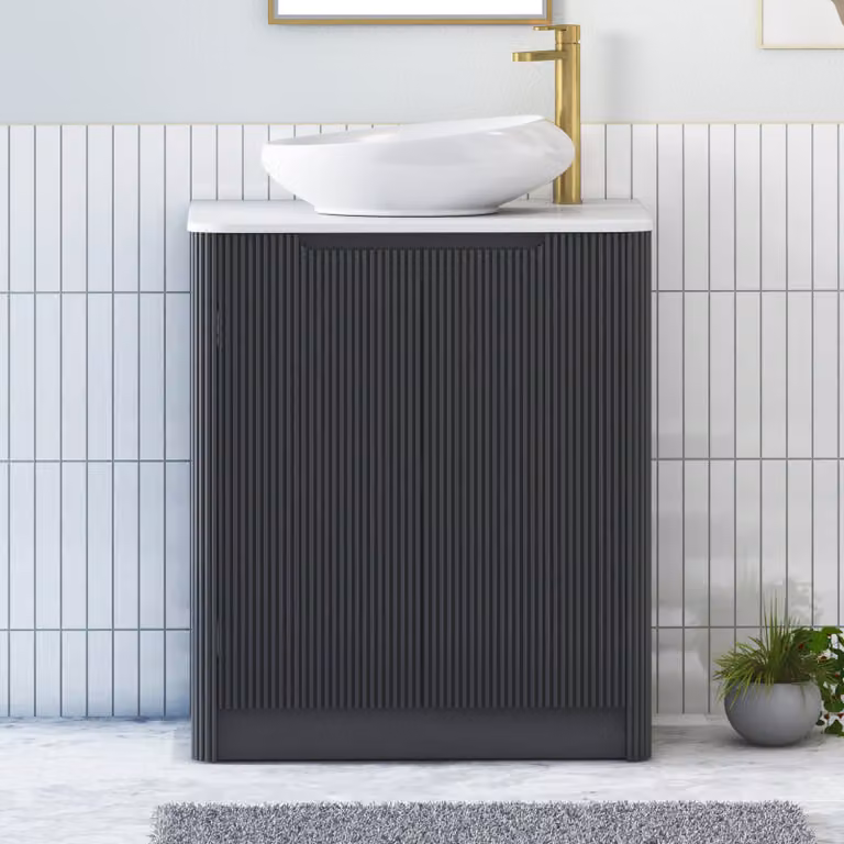 Royal Bathrooms Avenza 600mm Matt Obsidian Black Floor Standing 2 Door Vanity Unit with Plain White Worktop and Nova Basin