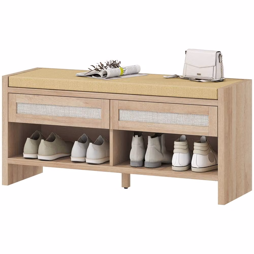 STILVORA Boho Shoe Bench with 2 Drawers and Open Shelf in Brown Rattan and Wood – 2