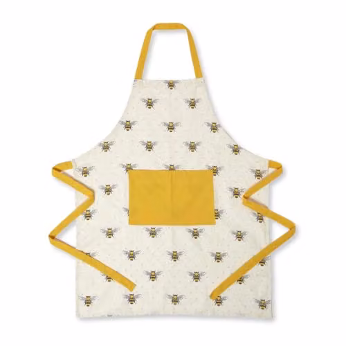 Homescapes Yellow and White Cotton Kitchen Apron with Bee Design, W/H: 70 x 85 cm