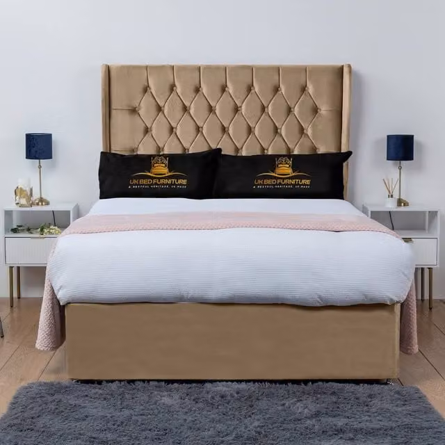 UK Bed Furniture Mary Winged Divan Bed Base with 54 Inch Buttoned Headboard in Beige Velvet, W/D/H: 90 x 190 cm