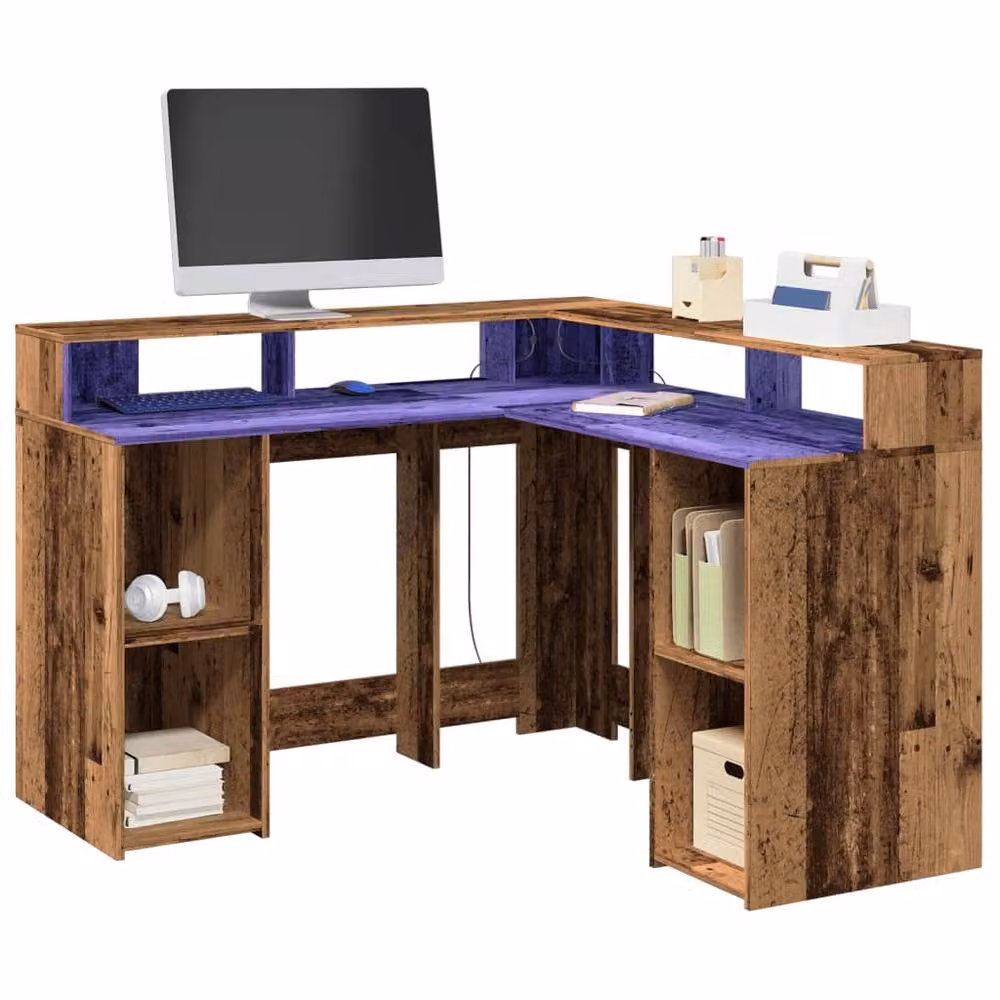 Berkfield Home Brown Industrial Corner Desk with LED Lights and Dual Pedestals, W/D/H: 130 x 130 x 91 cm – 2