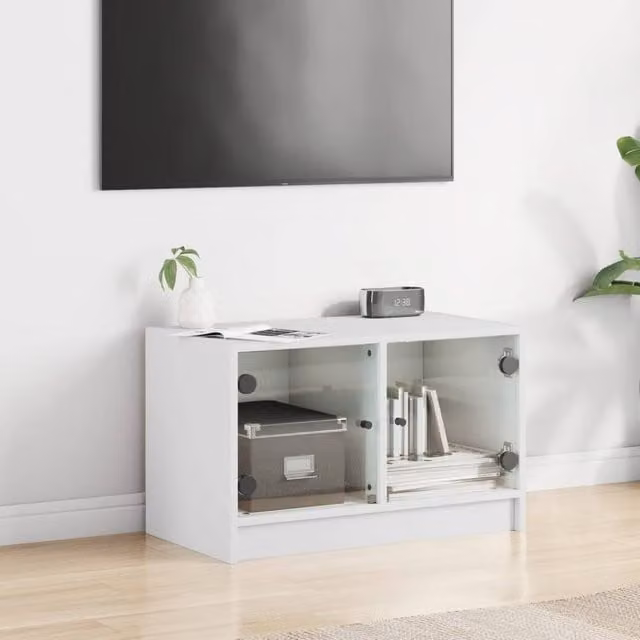 Berkfield Home Modern White TV Cabinet with Glass Doors, W/D/H: 68 x 37 x 42 cm