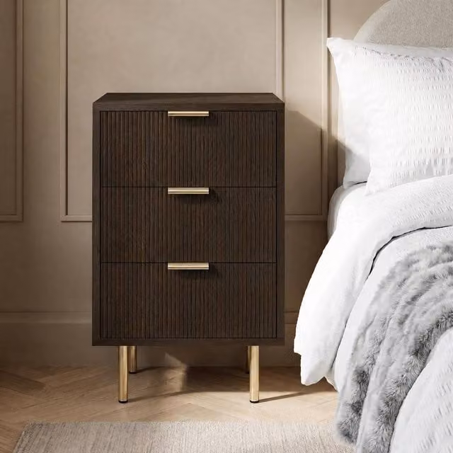 OHS Ribbed 3-Drawer Bedside Cabinet in Walnut Engineered Wood – 1