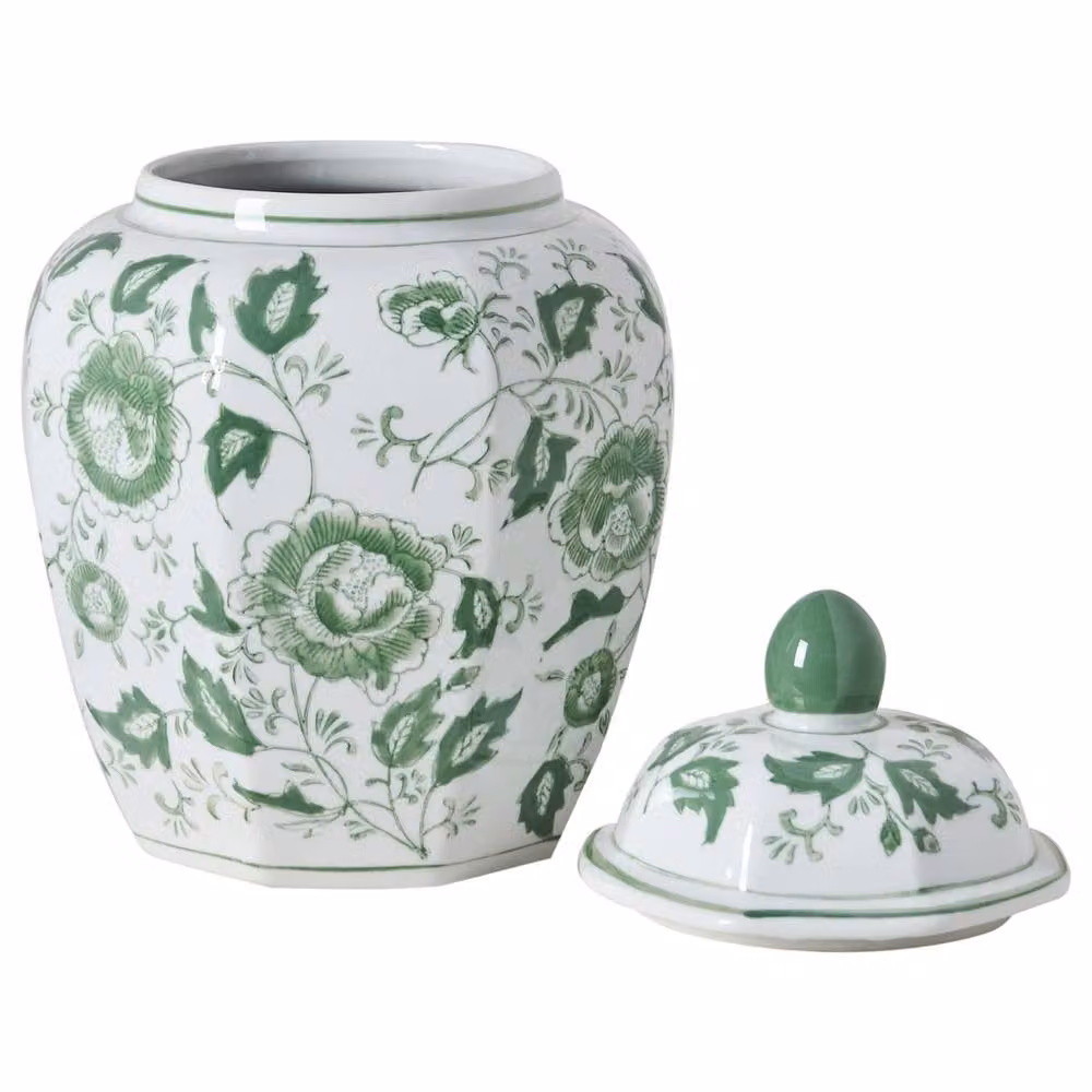 Wyld and Coco Heritage Porcelain Lidded Ginger Jar Vase in White and Sage Green Floral – 2