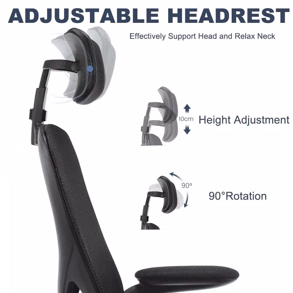 VOGREX Black Mesh Office Chair with Headrest, 360 Degree Swivel and Adjustable Height for Home Office – 4