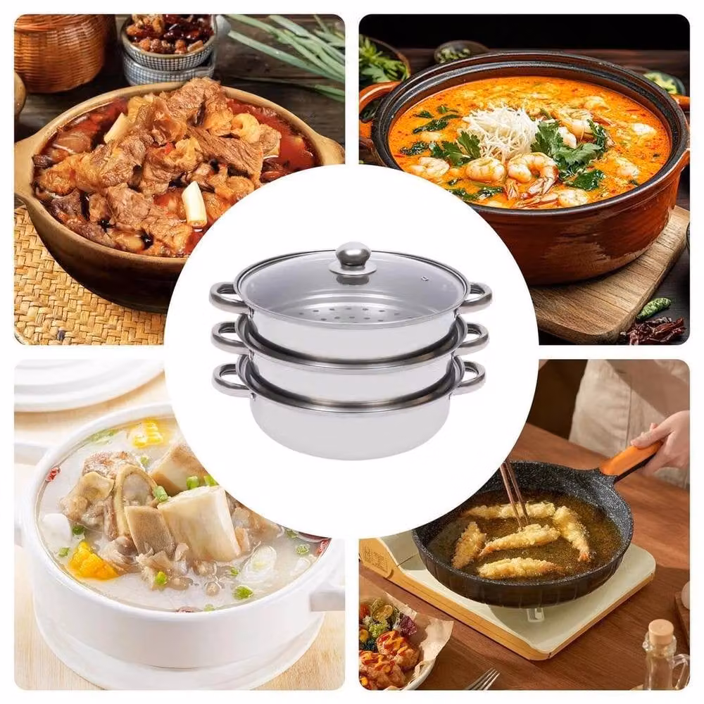 FLAVORA 3-Layer Stackable Stainless Steel Steamer Pot in Silver – 3