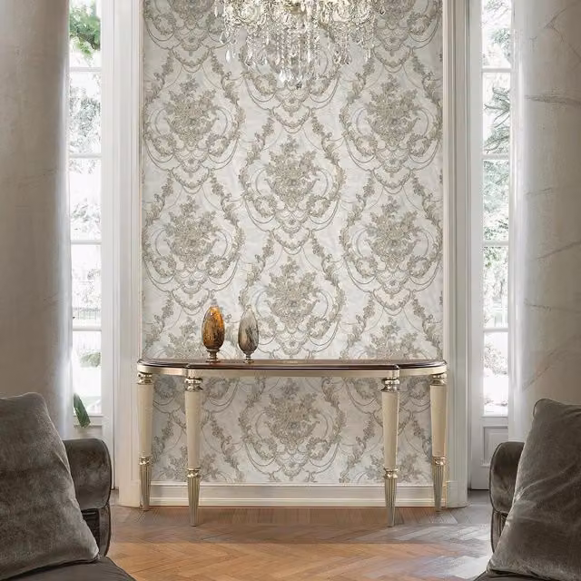 Debona Perla Floral Damask Textured Wallpaper in Beige and Yellow