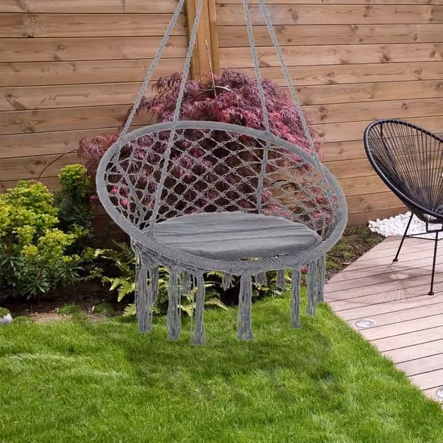 Outsunny Boho Macrame Swing Hammock in Grey with Cotton-Polyester Blend Fabric and Metal Frame