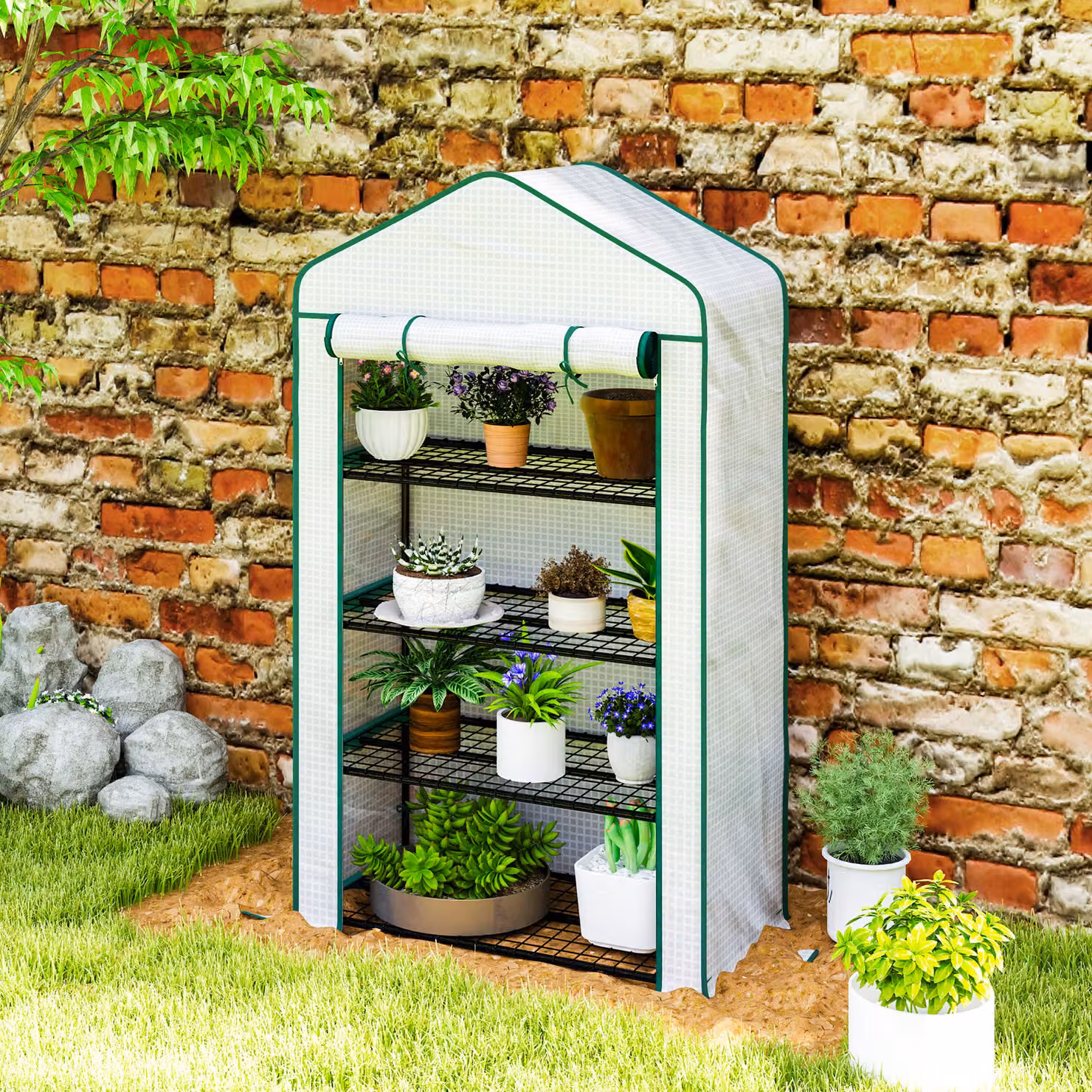 Outsunny Four-Tier Mini Freestanding Greenhouse with Reinforced Plastic Cover and Steel Frame, White, H: 160 cm, W: 90 cm, D: 49 cm – 7