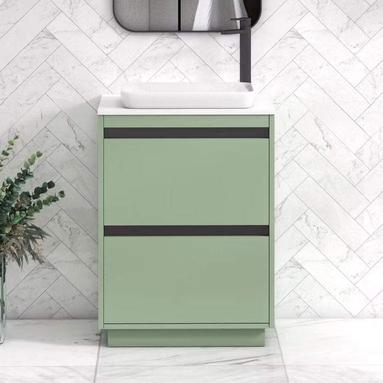 Royal Bathrooms Orion 2 Drawer Floor Standing Vanity Unit in Mint Sage with White Stone Countertop Basin and Black Accent Trim