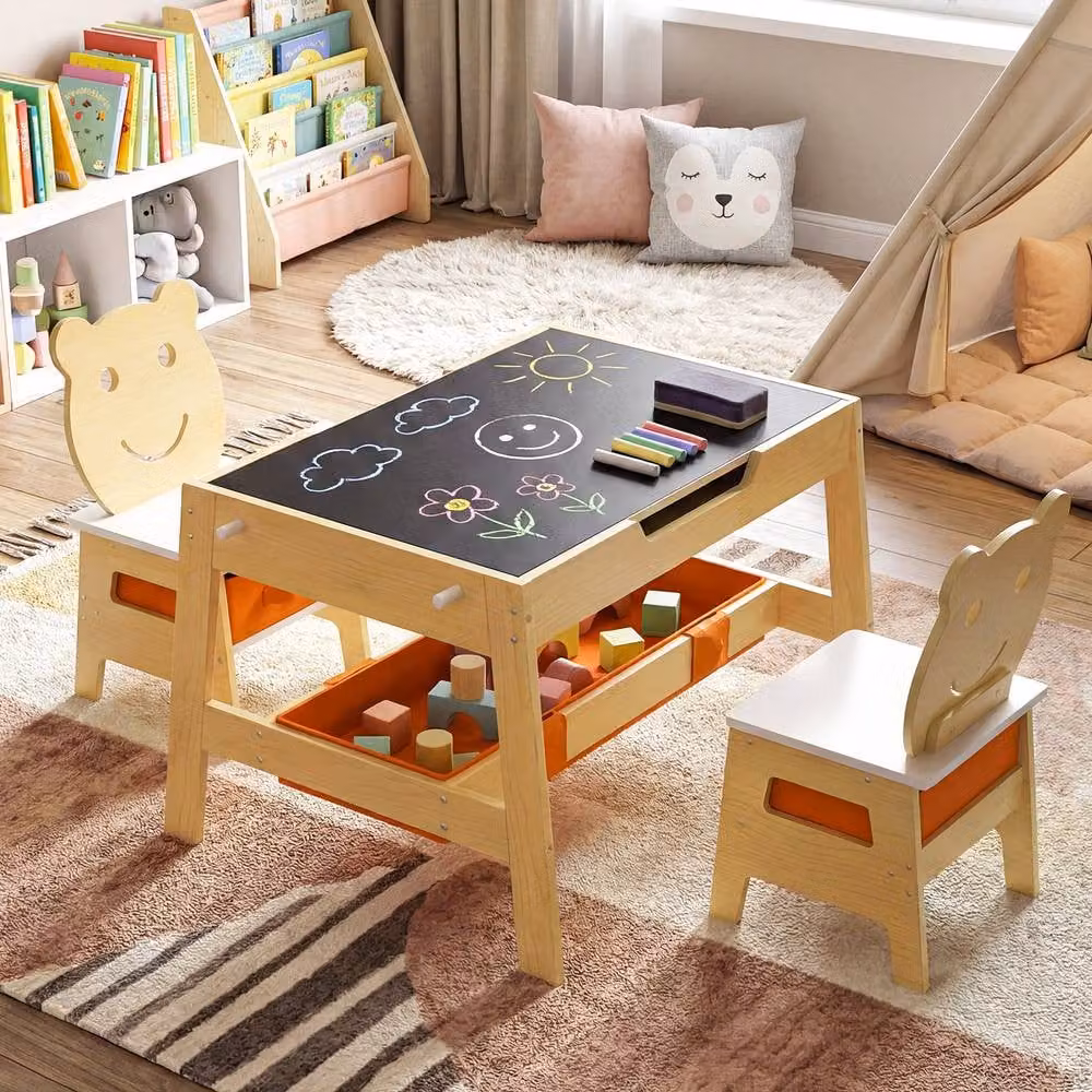CASART Kids Wooden Activity Table and 2 Chairs Set in Multicolour with Double-Sized Rectangular Tabletop – 3