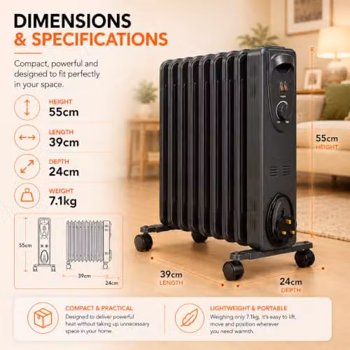 Mylek 2000W Oil Filled Radiator in Black, Freestanding with Thermostat and Tilt Protection, H 55 cm x W 39 cm x D 39 cm – 2