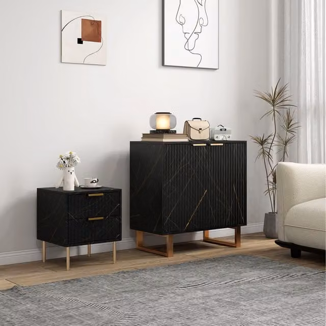 HOMCOM Modern Sideboard Accent Cabinet with Marble Effect and Fluted Doors in Black and Gold