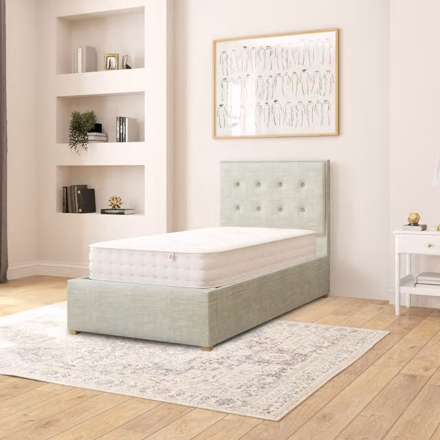 Aspire Presley Fabric Ottoman Storage Bed in Eau De Nil Blue/Green, Single, W/D/H: 90 x 190 cm