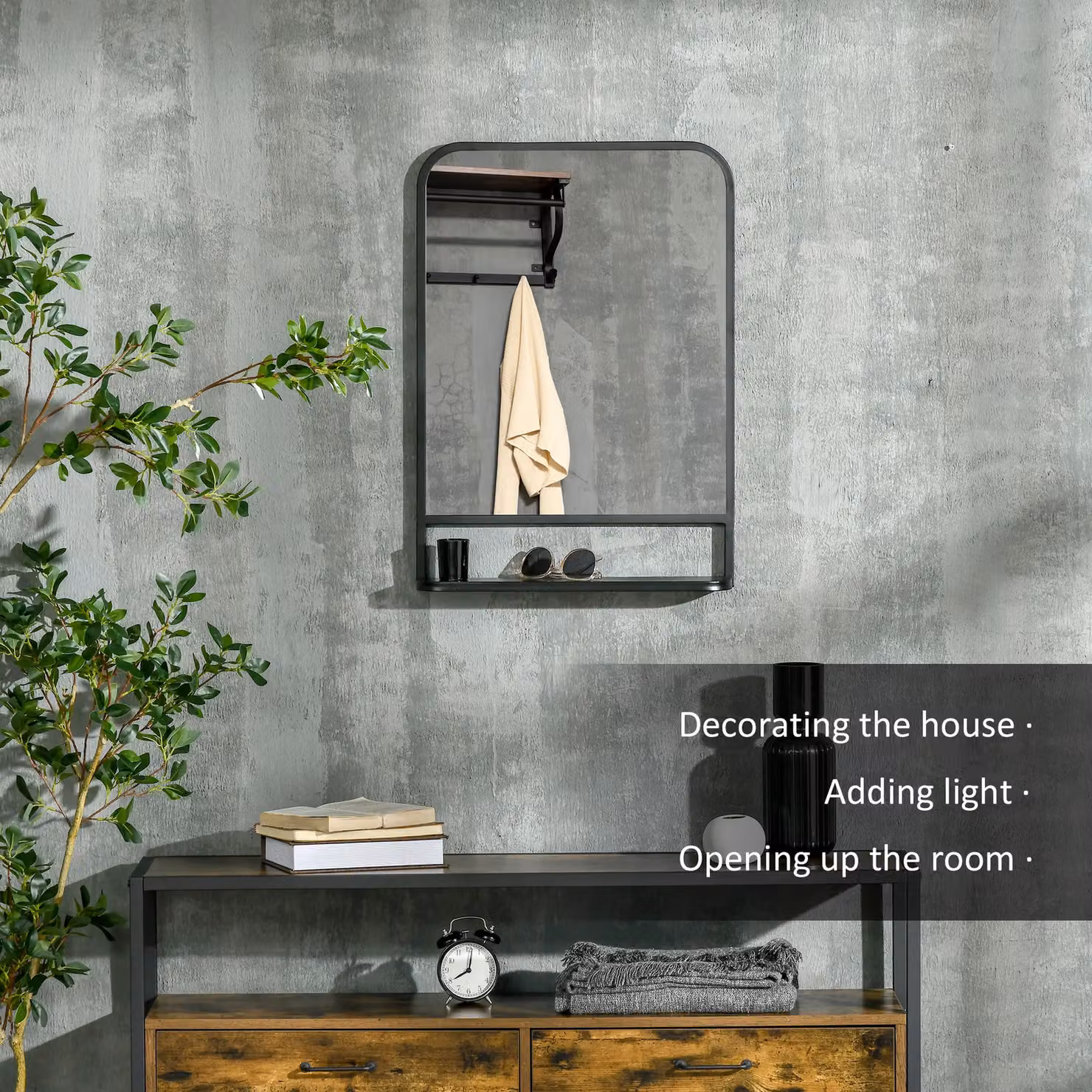 HOMCOM Modern Square Wall Mirror with Storage Shelf, Black, W: 70 cm, H: 50 cm – 7