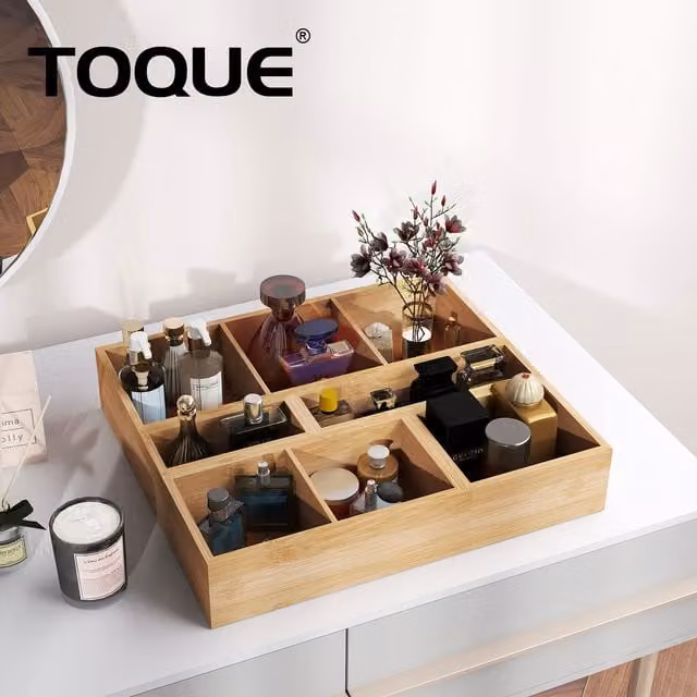 Toque Set of 5 Bamboo Drawer Organisers with Compartments and Dividers in Yellow and Brown
