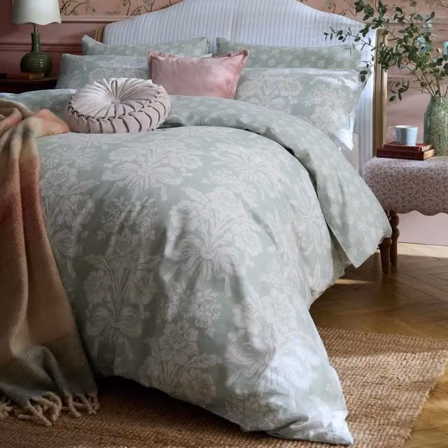 Laura Ashley Tatton Duckegg Green Floral Cotton Mako Satin Duvet Cover and Pillowcase Set