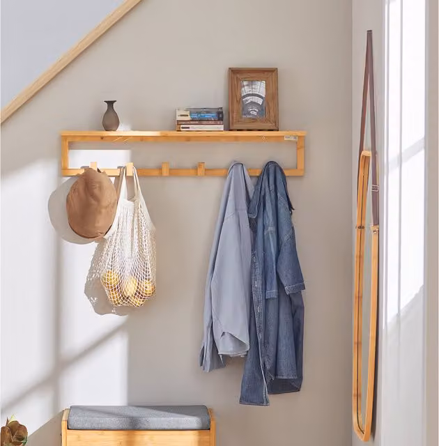 SoBuy FHK06-N Brown Lacquered Bamboo Wall Mounted Coat Rack and Towel Shelf with 6 Hooks – 1