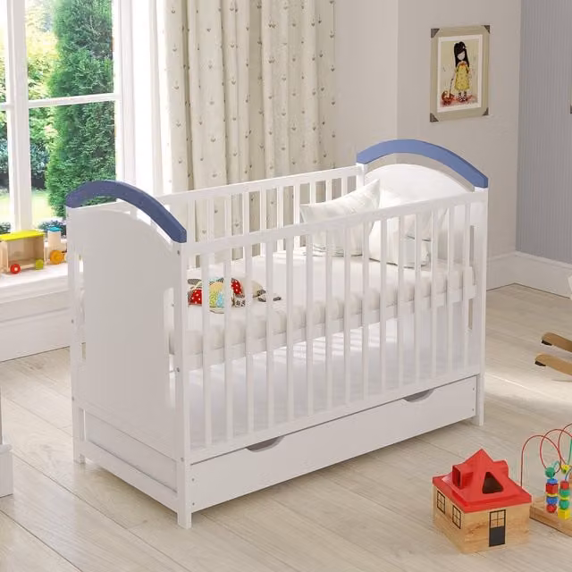 Love For Sleep Amie Cot Bed with Drawer and Drop Side in White and Blue