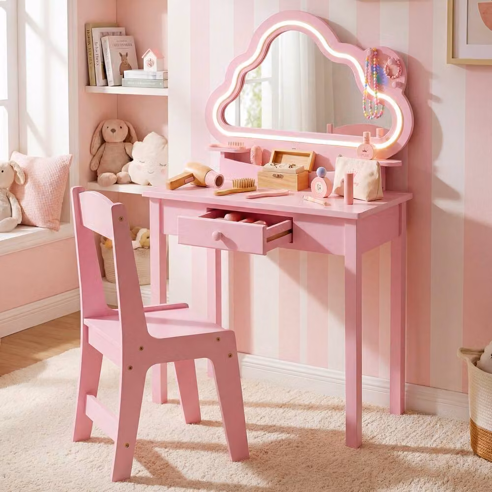 Costway Kids 2-in-1 Makeup Vanity Set with Lighted Cloud Mirror in Pink – 2