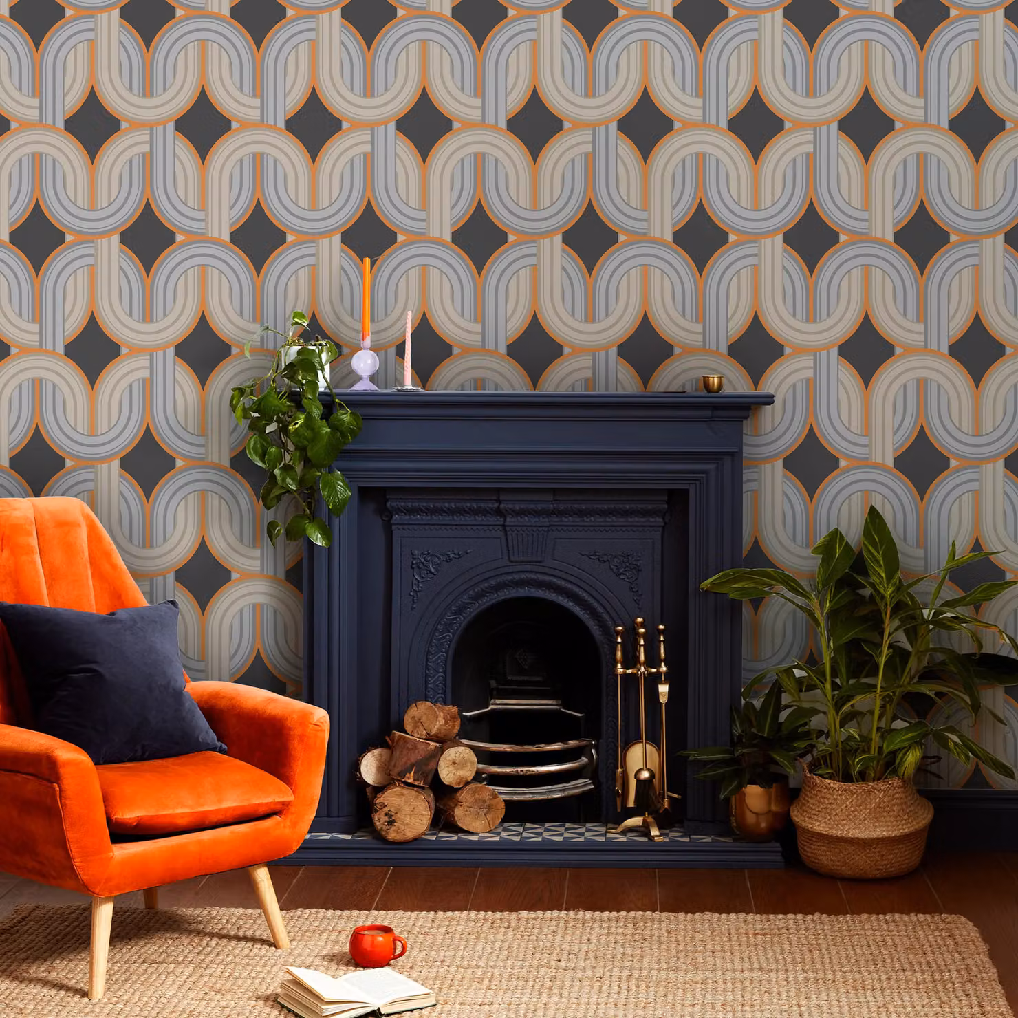 Envy In the Loop Choc Orange Geometric Abstract Mid-Century Wallpaper, Width: 52 cm, Length: 1000 cm – 2