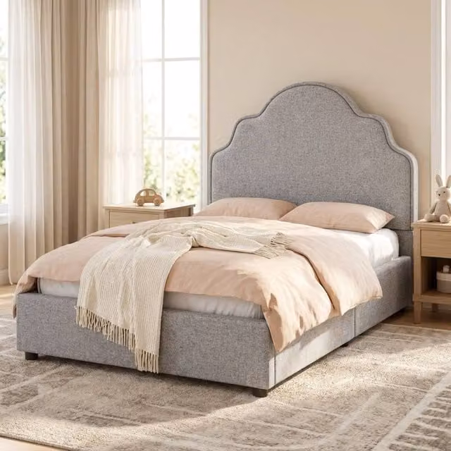 STILVORA Single Bed Frame with Scalloped Headboard in Grey, W/D/H: 90 x 190 cm