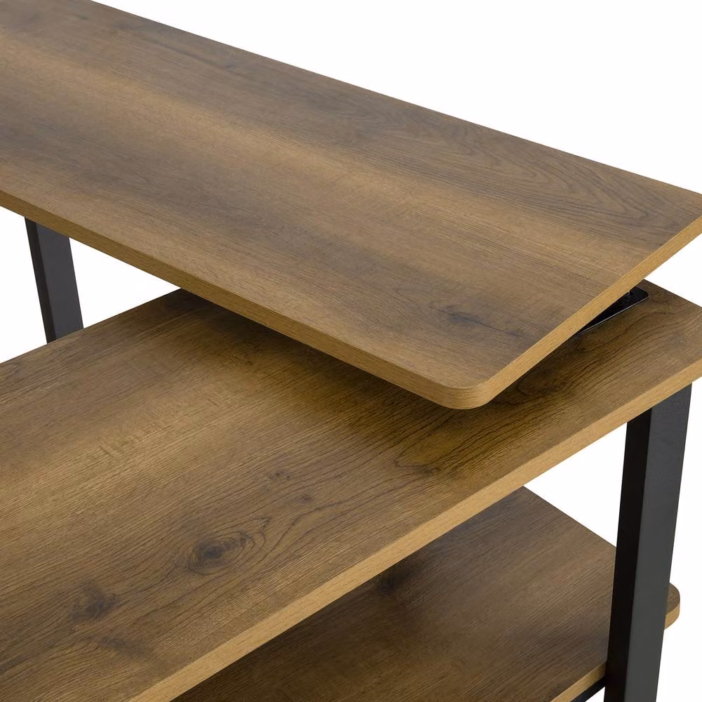 SoBuy Industrial L-Shaped Coffee Table with Castors and Multi-Tier Serving Shelves in Dark Brown – 4