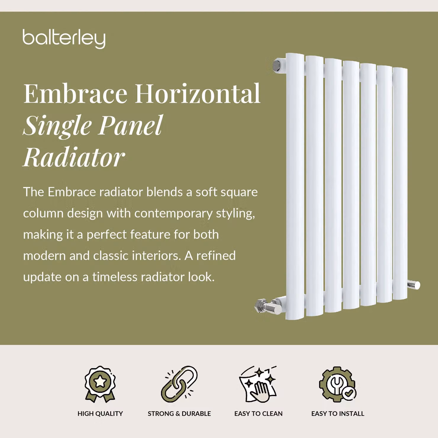 Balterley Embrace Horizontal Single Panel Radiator, White, W: 60.0 cm, H: 41.2 cm – 2