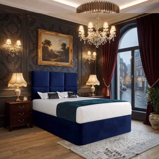 KDMD Isham Blue Velvet Upholstered King Size Designer Bed Frame with Floorstanding Headboard and Drawers W/D/H: 180 x 200 cm