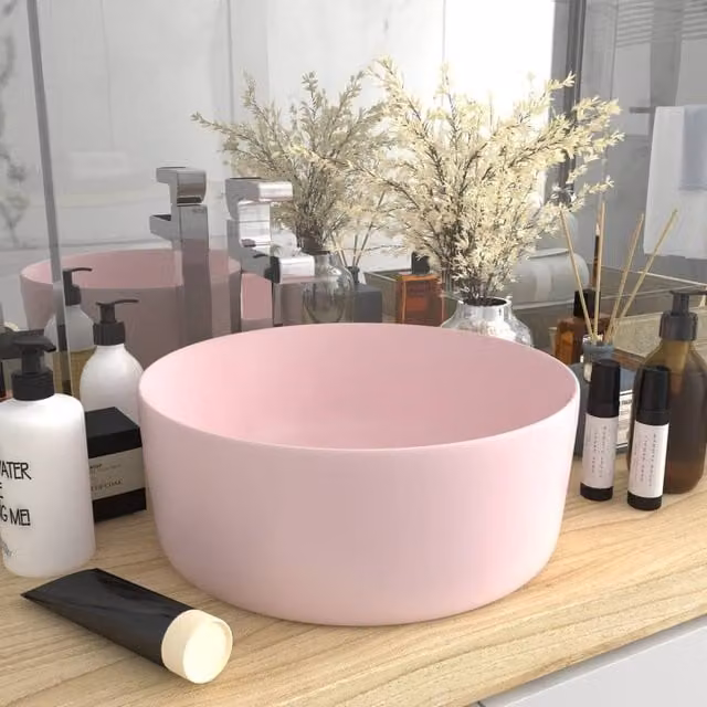 Berkfield Home Luxury Round Ceramic Wash Basin in Matt Pink, W: 40 cm, D: 15 cm, H: 15 cm
